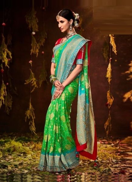 Parrot Bandhej Print Wedding-Wear Silk Embroidery Saree