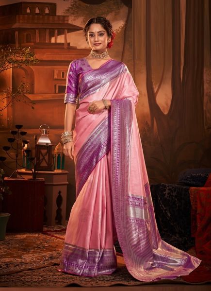 Light Pink & Purple Weaving Party-Wear Kanjivaram Silk Saree