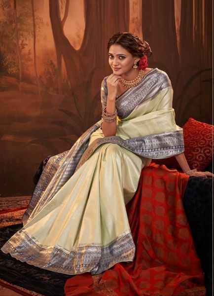 Light Pista Green & Blue Weaving Party-Wear Kanjivaram Silk Saree