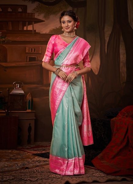 Powder Blue & Hot Pink Weaving Party-Wear Kanjivaram Silk Saree