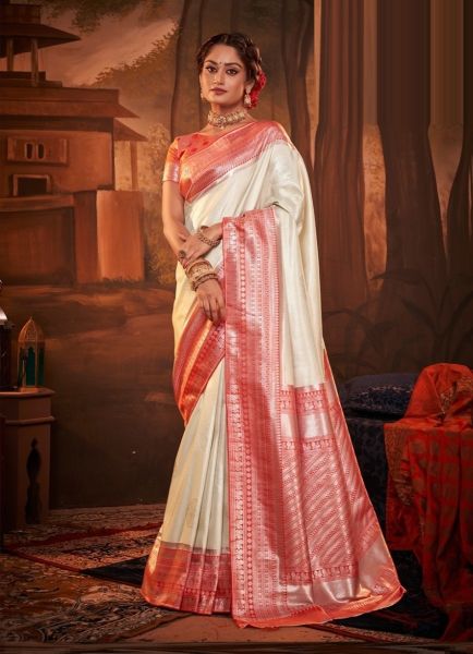 White & Red Weaving Party-Wear Kanjivaram Silk Saree