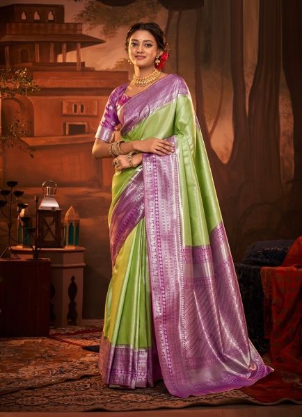 Light Green & Purple Weaving Party-Wear Kanjivaram Silk Saree