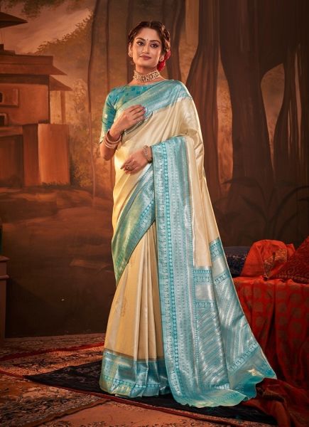 Beige & Light Sky Blue Weaving Party-Wear Kanjivaram Silk Saree