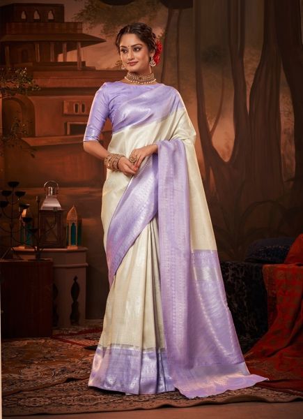 White & Lavender Weaving Party-Wear Kanjivaram Silk Saree