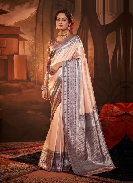 Light Peach & Burgundy Weaving Party-Wear Kanjivaram Silk Saree
