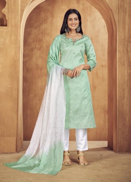 Light Aqua Jacquard Silk Embroidered Office-Wear Pant-Bottom Readymade Salwar Kameez