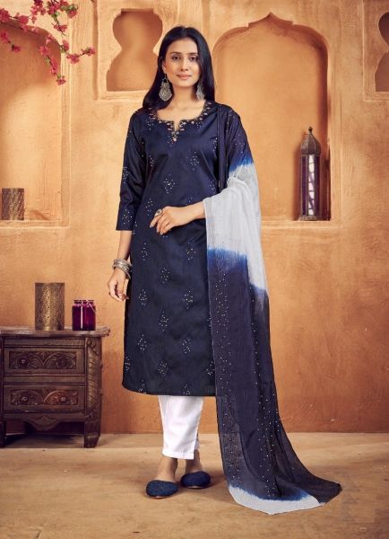 Dark Blue Jacquard Silk Embroidered Office-Wear Pant-Bottom Readymade Salwar Kameez