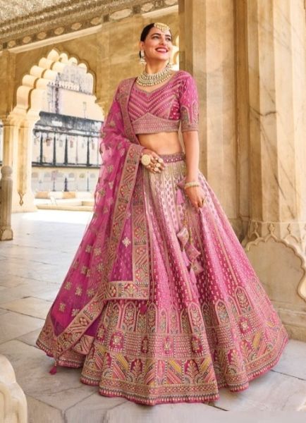 Pink Velvet Embroidery & Handwork Wedding-Wear Bridal Lehenga Choli
