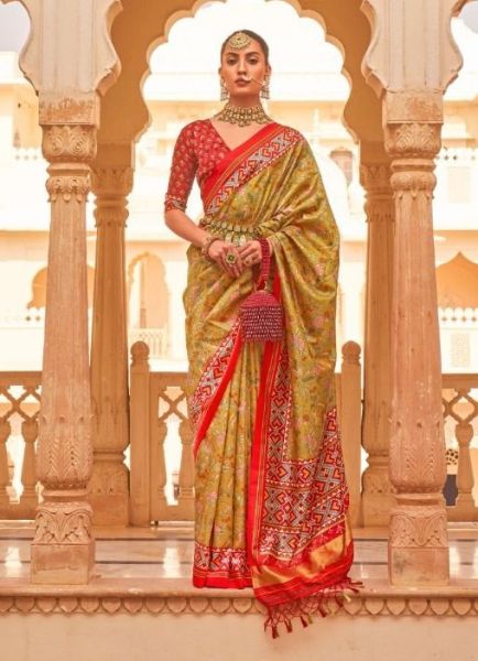 Light Mustard Yellow & Red Tusser Silk Weaving Festive-Wear Saree