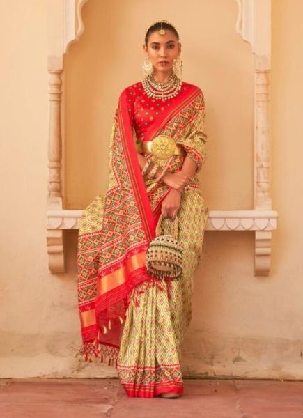 Cream & Red Tusser Silk Weaving Festive-Wear Saree