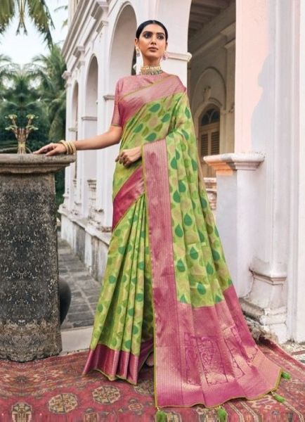 Light Green & Purple Silk Weaving Festive-Wear Handloom Saree