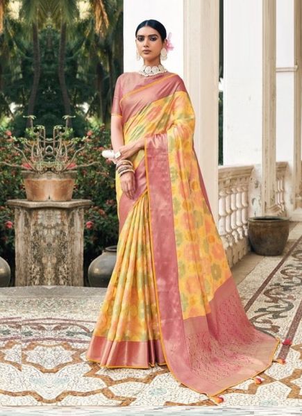 Light Yellow & Purple Silk Weaving Festive-Wear Handloom Saree