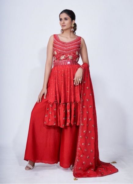 Red Chiffon Embroidery, Zari, Mirror & Thread-Work Party-Wear Sharara-Bottom Readymade Salwar Kameez