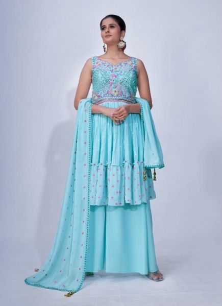 Sky Blue Chiffon Beads, Embroidery, Mirror & Thread-Work Party-Wear Sharara-Bottom Readymade Salwar Kameez