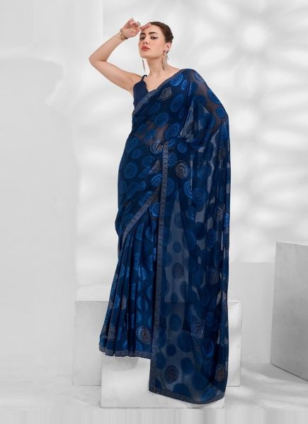 Dark Navy Blue Moss Jacquard Woven Boutique-Style Saree For Kitty Parties