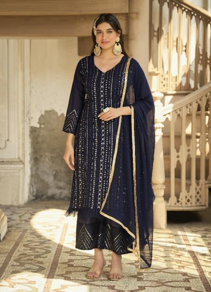 Dark Blue Georgette Embroidered Party-Wear Sequins-Work Salwar Kameez