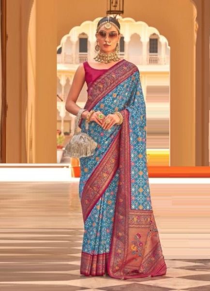 Sky Blue Weaving Festive-Wear Patola Silk Saree