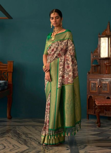 Beige & Green Digital Printed Festive-Wear Soft Silk Saree