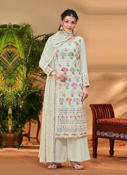 White Viscose Bemberg Georgette Embroidered, Thread & Sequins-Work Festive-Wear Salwar Kameez