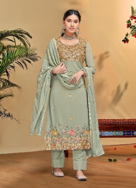 Light Sage Green Viscose Bemberg Georgette Embroidered, Thread & Sequins-Work Festive-Wear Salwar Kameez