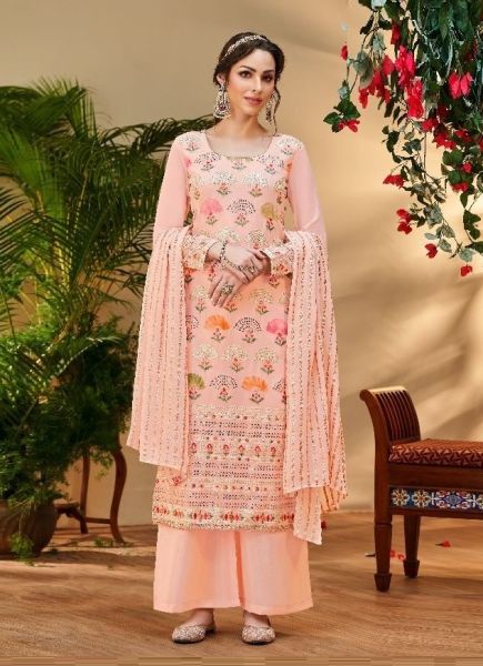 Light Pink Viscose Bemberg Georgette Embroidered, Thread & Sequins-Work Festive-Wear Salwar Kameez