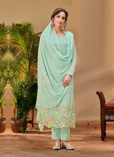 Light Aqua Viscose Bemberg Georgette Embroidered, Thread & Sequins-Work Festive-Wear Salwar Kameez