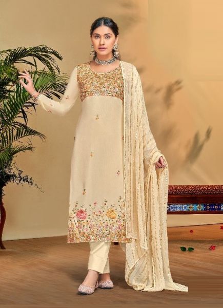 Light Peach Viscose Bemberg Georgette Embroidered, Thread & Sequins-Work Festive-Wear Salwar Kameez