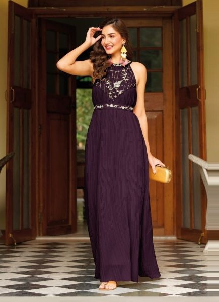 Wine Georgette Handwork Party-Wear Readymade Gown With Belt