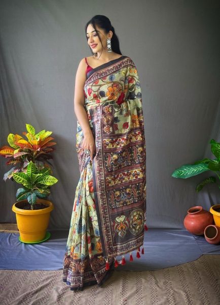 Light Pista Green Cotton Kalamkari Digital Printed Festive-Wear Saree