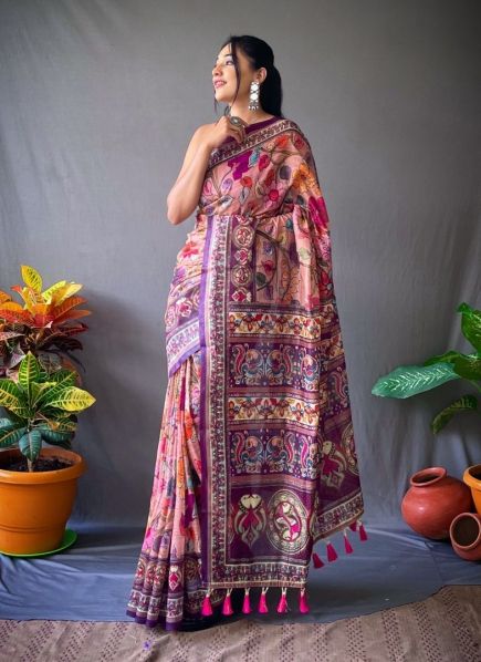 Pink Cotton Kalamkari Digital Printed Festive-Wear Saree