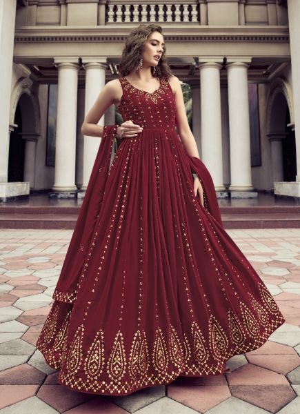 Maroon Georgette Thread, Embroidery & Sequins-Work Party-Wear Gown With Dupatta