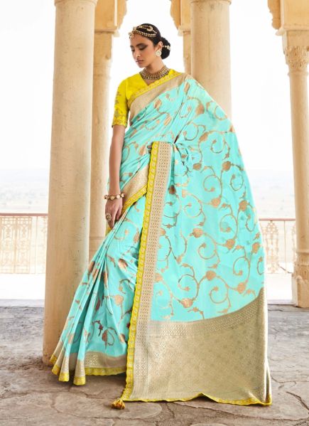 Light Aqua Banarasi Silk Weaving Party-Wear Saree