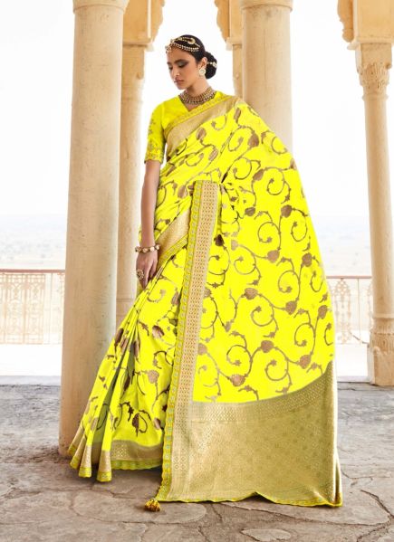 Yellow Banarasi Silk Weaving Party-Wear Saree