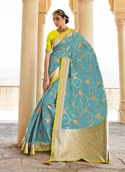 Light Teal Blue Banarasi Silk Weaving Party-Wear Saree