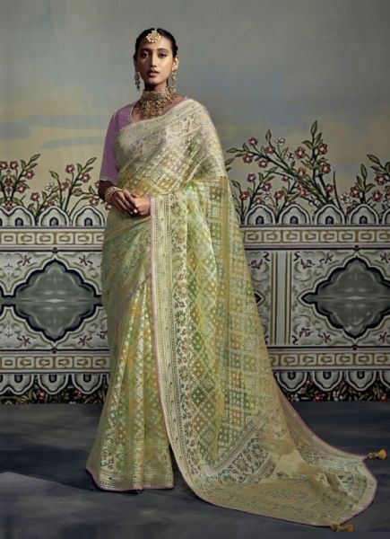 Light Green Organza With Brasso Weaving Party-Wear Saree