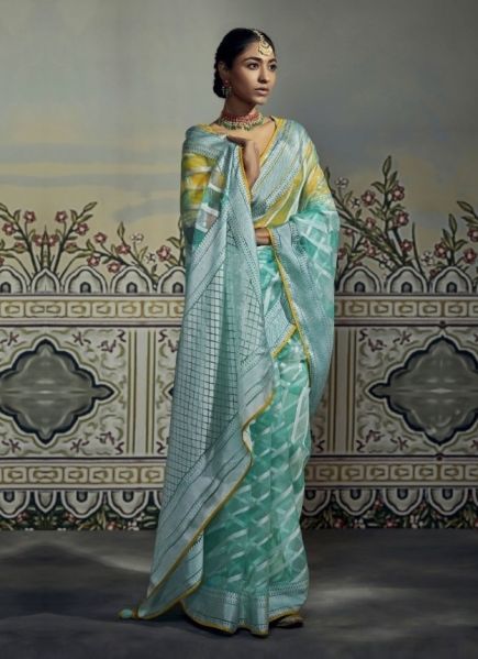 Light Teal Blue Organza With Brasso Weaving Party-Wear Saree