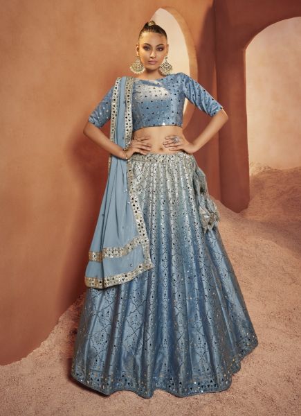 Light Blue Velvet With Embroidery & All-Over Mirror & Sequins-Work Wedding-Wear Stylish Lehenga Choli