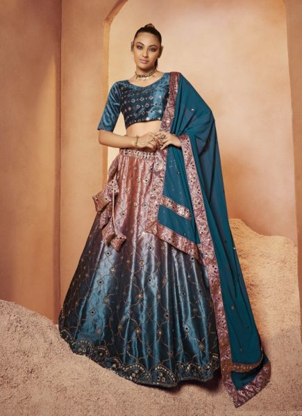 Sea Blue Velvet With Embroidery & All-Over Mirror & Sequins-Work Wedding-Wear Stylish Lehenga Choli