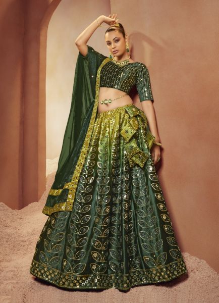 Dark Green Velvet With Embroidery & All-Over Mirror & Sequins-Work Wedding-Wear Stylish Lehenga Choli