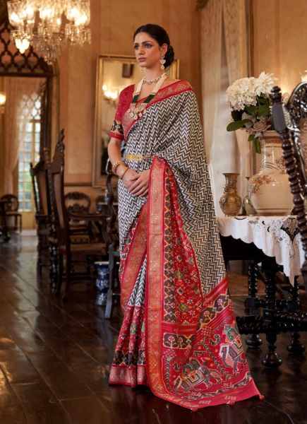 Light Gray & Crimson Red Rajwadi Patola Silk Weaving Party-Wear Saree