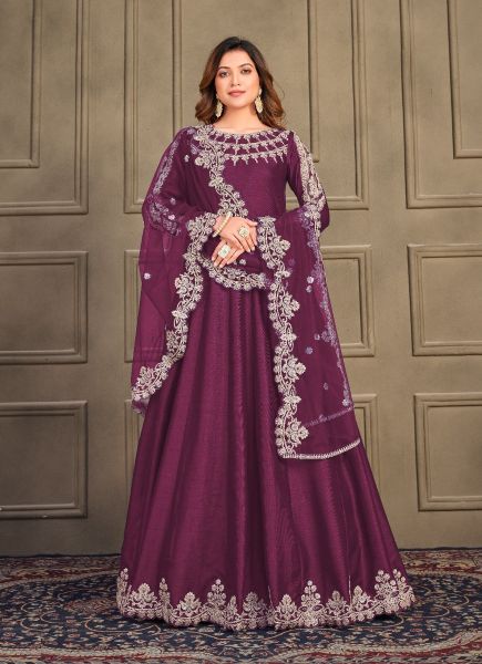 Purple Art Silk Handwork Party-Wear Floor-Length Salwar Kameez