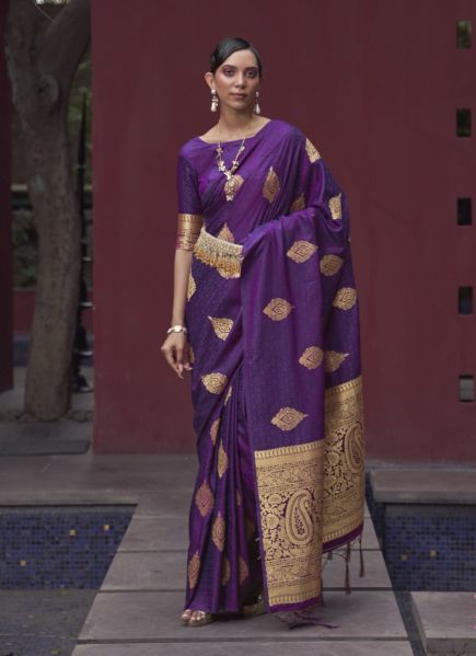 Violet Satin Silk Weaving Party-Wear Handloom Saree