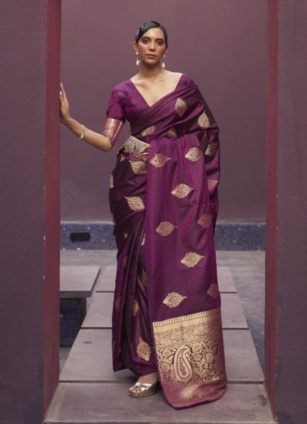 Wine Satin Silk Weaving Party-Wear Handloom Saree