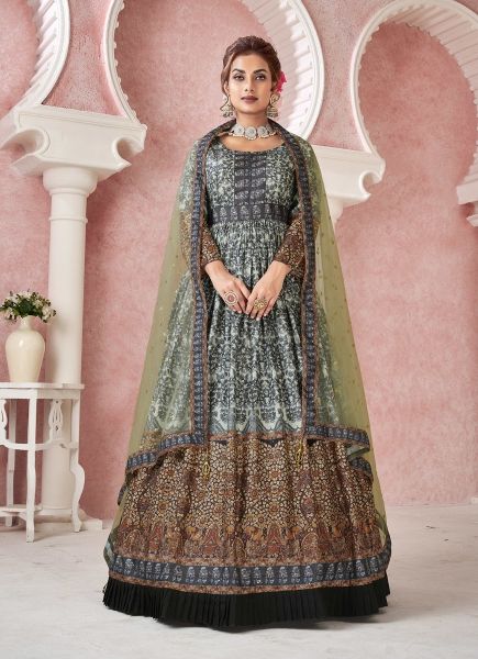 Light Gray & Dark Brown Silk Embroidered Digital Printed Festive-Wear Readymade Gown With Dupatta