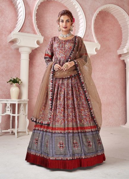 Light Lavender & Red Silk Embroidered Digital Printed Festive-Wear Readymade Gown With Dupatta