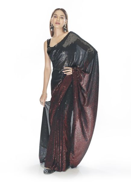 Black & Maroon Georgette With Embroidery, Thread & Sequins-Work Party-Wear Saree