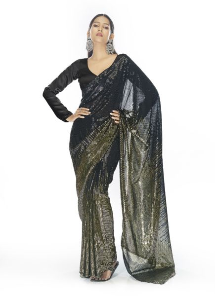 Black & Olive Green Georgette With Embroidery, Thread & Sequins-Work Party-Wear Saree