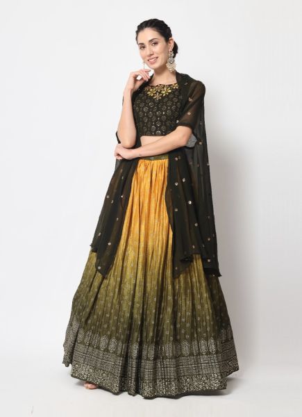 Yellow & Olive Green Chinon Silk With Foil-Print & Sequins-Work Party-Wear Stylish Lehenga Choli