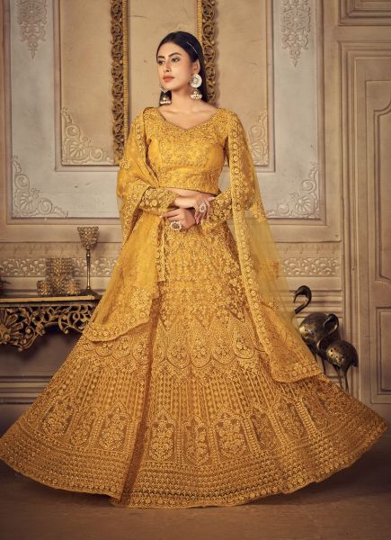 Marigold Net & Banglori Silk Embroidered Wedding-Wear Bridal Lehenga Choli