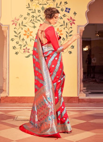 Coral Red Banarasi Silk Weaving Festive-Wear Saree